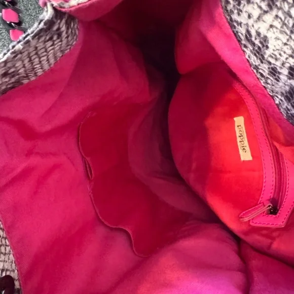 Poppie Snake Print Shoulder Hobo Bag Pink and Graphite Color Accents Chain Large - Picture 10 of 12